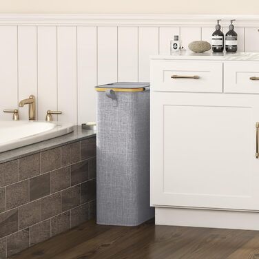 Кошик для білизни Lifewit з кришкою, вузький, складний, 75л, бамбук, сірий