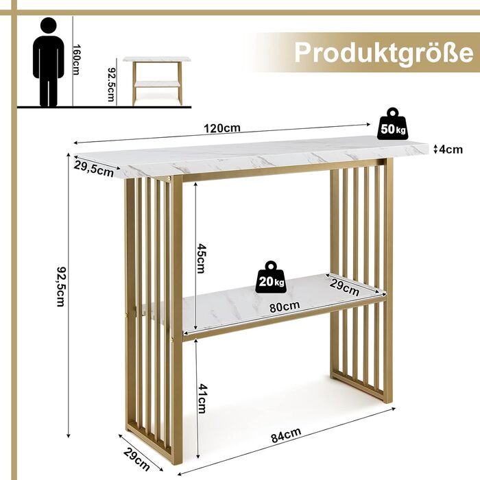 Консольний столик COSTWAY, золото, мармур, 2 рівні, 120x29.5x92.5 см, ідеально підходить для передпокою та вітальні