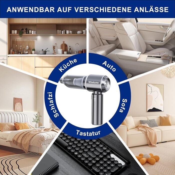 Акумуляторний ручний автомобільний пилосос 4 в 1, потужність 22000 Па, циклонна система, 3 режими всмоктування, портативний бездротовий пилосос для авто та шерсті тварин (Темно-сірий)