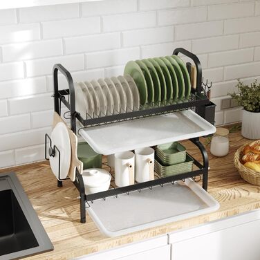 Сушарка для посуду NETEL 2-ярусна, чорна: з піддоном, тримачем для столових приборів, підставкою для ножів та склянок