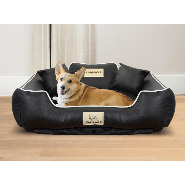 Лежак для собак KingDog, екошкіра, персоналізований з іменем улюбленця, знімний, на блискавці, нековзний, водонепроникний (115x95 см, чорний)