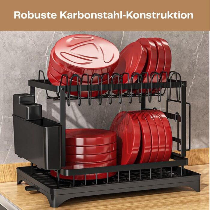 Сушарка для посуду нержавіюча сталь, 2-ярусна, з піддоном та відділенням для столових приборів, компактна для кухні