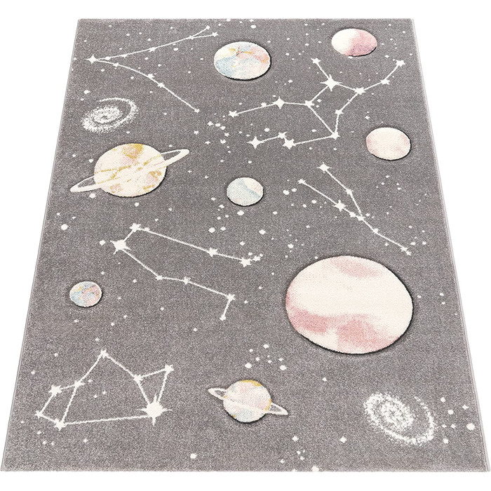 Дитячий килимок Paco Home, ігровий килимок для дитячої кімнати з планетами і зірками, Розмір120x170 см (140x200 см, сірий)