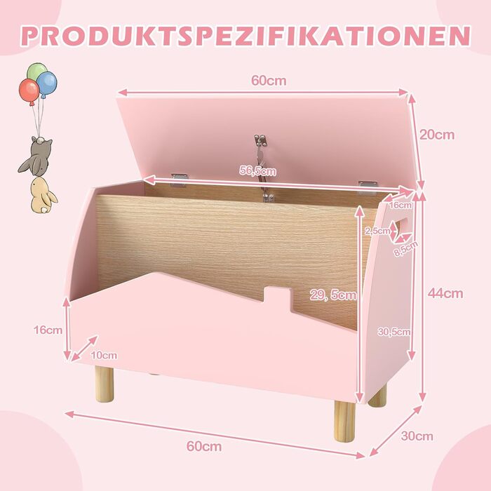 COSTWAY Скринька для іграшок з полицями, дерев'яна іграшковий ящик з кришкою, органайзер для дитячих іграшок, комод для іграшок в дитячу кімнату, 60x30x44 см (Білий, Рожевий)