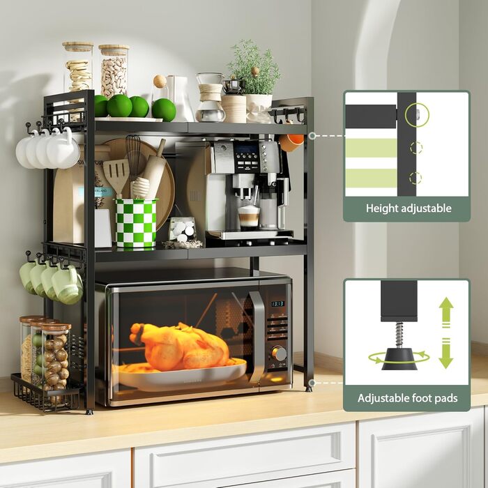 Регульована полиця для мікрохвильової печі NETEL 3-ярусна, чорна, висувна 40-60 см, з кошиками