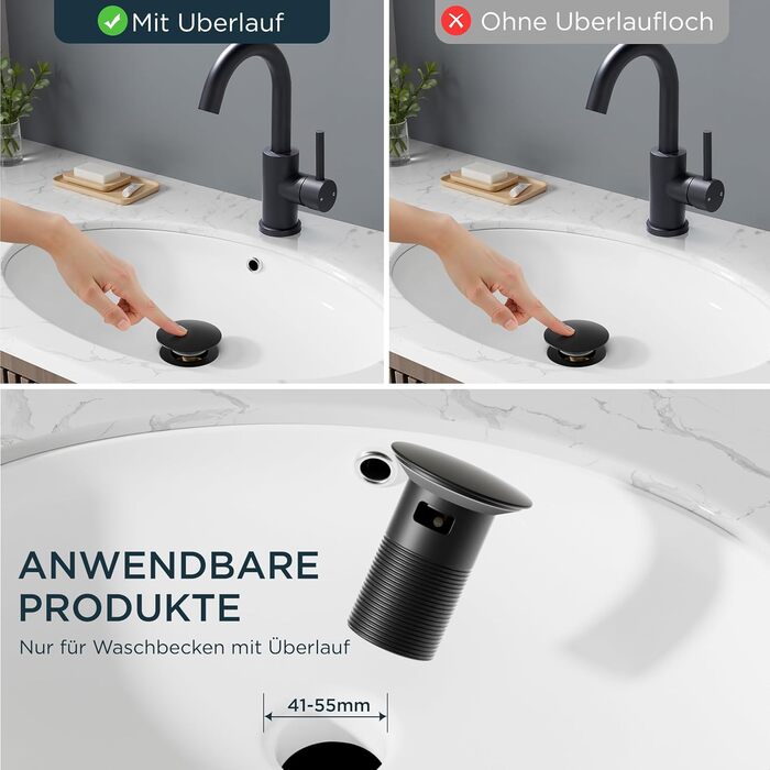 Змішувач для ванної кімнати/кухні FORIOUS Hoch 360° з нержавіючої сталі, з можливістю повороту 175 мм, матовий чорний, з підключенням до гарячої та холодної води, для встановлення на мийку, преміум-якість