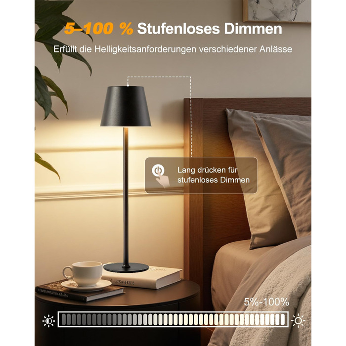 LED настільна лампа Bonsery (2 шт.) з акумулятором 5200mAh, регульована яскравість, 3 кольори світла, металева, вологостійка, 2 висоти (24/37,5 см), для дому, бару, кемпінгу, чорна