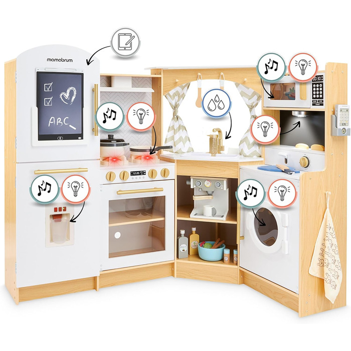 Дерев'яна кухня Мамабрум XXXL з LED-підсвічуванням та диспенсером для кубиків льоду - дитяча кухня з аксесуарами (мікрохвильова піч, посуд, столові прибори) для дітей 3+