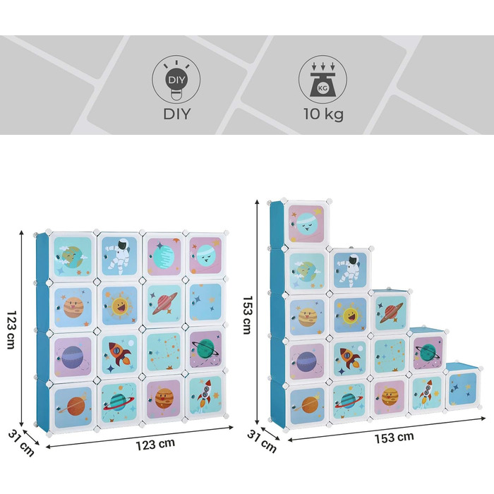 Стелажна система з 15 кубами, Дитяча шафа для зберігання, Шафа з дверцятами, Пластикова полиця для взуття, Полиця без болтів, Багатофункціональна, Взуття, Іграшки, 153 x 31 x 153 см, LPC902W (Синій)