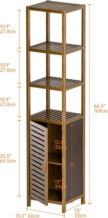 Висока шафа для ванної кімнати HITNET, 67-футова бамбукова вежа для білизни з 4 полицями та 1 дверцятами, горіх, для невеликих приміщень