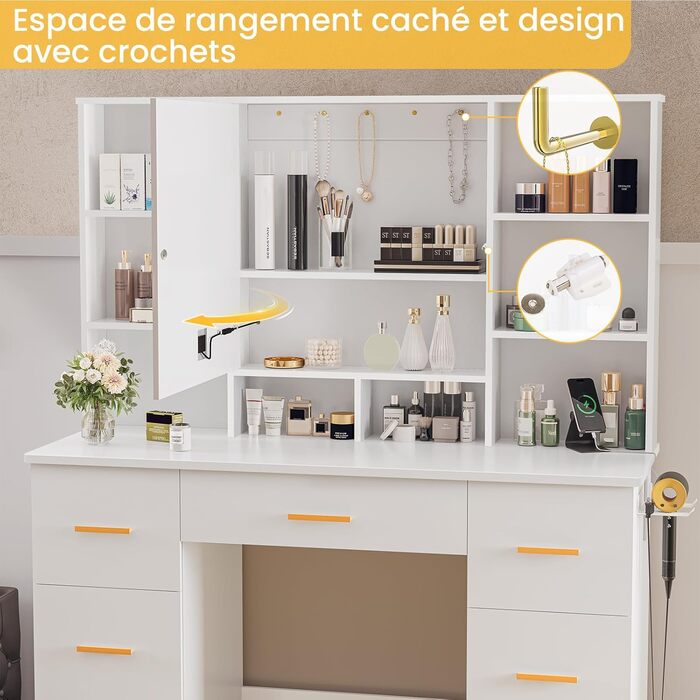 Дзеркальний туалетний столик Belife з підсвічуванням та 7 висувними ящиками, розеткою та 3 кольорами світла для спальні V5