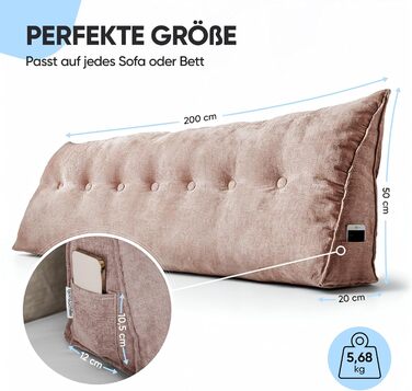 Підвалинник для спини Björn&Schiller - подушка для читання в ліжко та диван, клиновидна подушка, спинка для стіни, сидіння, подушка для стіни, велика знімний чохол (шампань, 200 см)