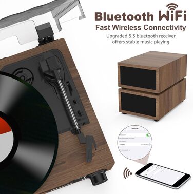 Вініловий програвач Udreamer з Bluetooth 5.3, подвійними стереодинаміками, 3 швидкості, AUX, RCA, USB, бездротове відтворення, вінтажний дизайн, колір кава