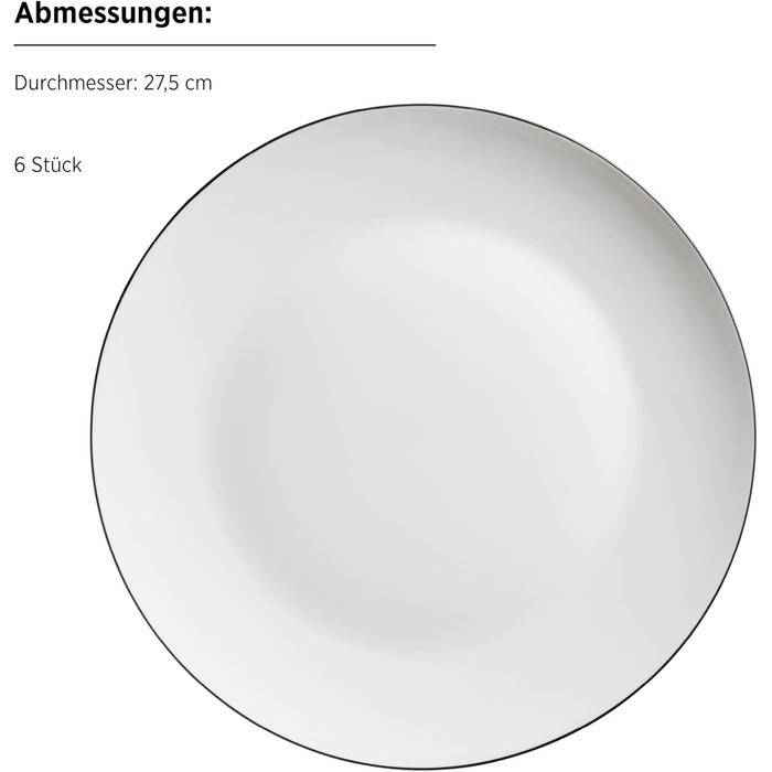 Серія MÄSER Felise: елегантний кавовий сервіз на 6 осіб, з чорним обідком, порцеляна, білий (Тарілька)