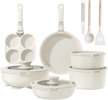 Набір посуду YASHE 20 предметів: каструлі та сковорідки з знімними ручками, антипригарне покриття, індукційний, до 230°C, для миття в посудомийній машині, сірий та білий