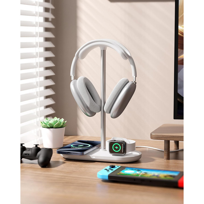 Підставка для навушників HiWe 3-в-1 з бездротовим зарядним пристроєм для телефону/AirPods/iWatch. Алюмінієва стійка, шкіряний підклад, ABS-основа, білий колір.