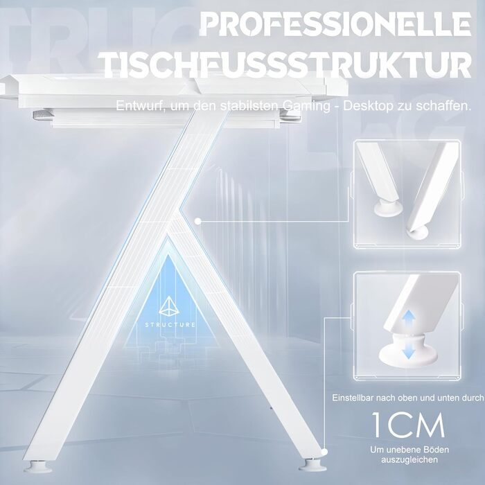 LED ігровий стіл YRHome з RGB-підсвічуванням, пультом дистанційного керування, тримачем для навушників та підставкою для напоїв. Білий, 120x60x75 см