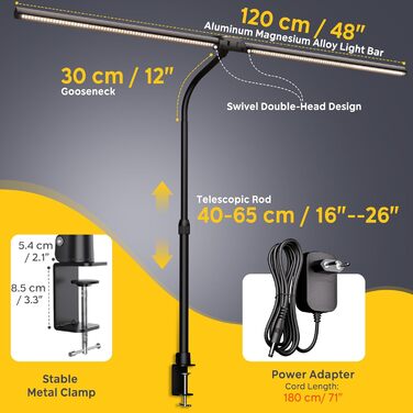 LED лампа настільна EYOCEAN 24W, 80см з жестами, диммування, захист очей для офісу, читання, архітекторів, дизайнерів (чорна)