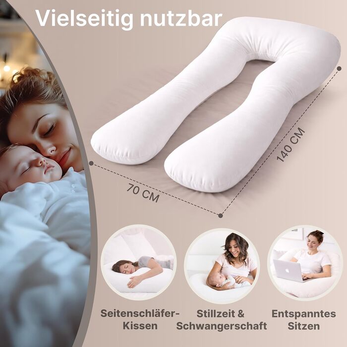 Подушка для вагітних ELONEO NEU для сну на боці, подушка для годування, XXL розмір, біла, знімний чохол, подушка для читання, пральна