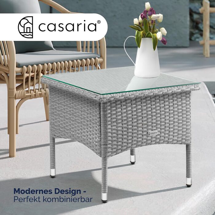 Журнальний столик Casaria Poly Rattan 50x50x45 см, регульований по висоті, захисне скло, стійкий до атмосферних впливів (сірий)