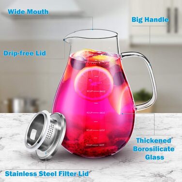 Скляна карафа Veccom 2.4L з кришкою, термостійкий глечик з боросилікатного скла для води, холодного чаю, соку