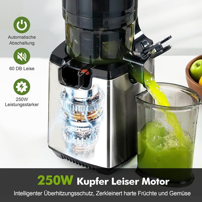Фреш-прес Fretta Slow Juicer: повільний соковитискач з нержавіючої сталі, 135 мм, 1.8 л, з функцією реверсу, BPA Free, 250W сірий