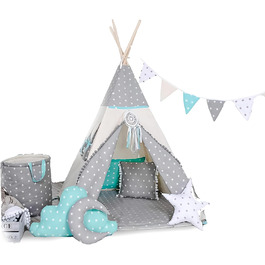 Дитяче намет-типі з ковдрою, подушкою, віконцем та кошиком для іграшок. Намет-індейський для дітей з бавовни, для гри в приміщенні та на вулиці (з елементами вовка, зірки, сірого кольору)