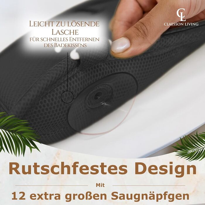 Подушка для ванни повномірна (152x56 см) з підголівником (11 см) чорного кольору – підтримка шиї, спини та ніг. Зі сумкою для прання та подорожей, гачком для сушіння.