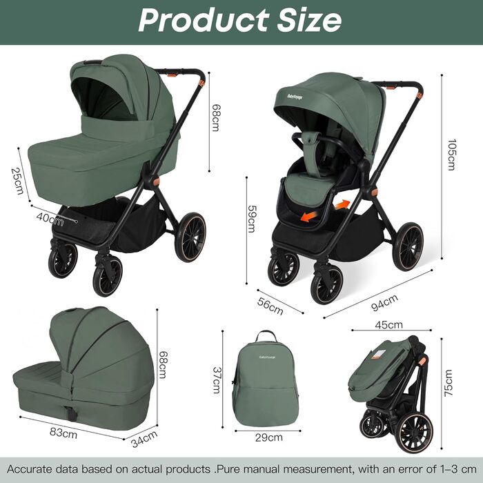 Дитяча коляска 2-в-1 BabyVoyage – комбінована коляска з люлькою та прогулянковим блоком, поворотні колеса 360°, амортизація, регульована ручка, складна конструкція, аксесуари, колір зелений
