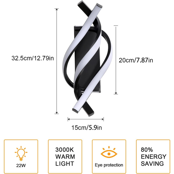 Настінний світильник 22 Вт, 2500 лм, спіральний дизайн, сучасний, теплий білий 3000K, чорний, в приміщенні