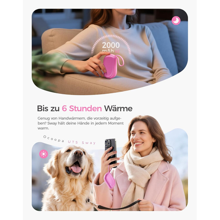Електричні грілки для рук OCOOPA 2 шт. у наборі, дизайн гребінця, багаторазові, 4000mAh, 1.5 см, підходять для рукавичок та кишень, подарунок на Новий Рік, для жінок, зимові аксесуари, Ocoopa x Художня колекція, UT5 Sway Wiesengeflüster (Рожевий)