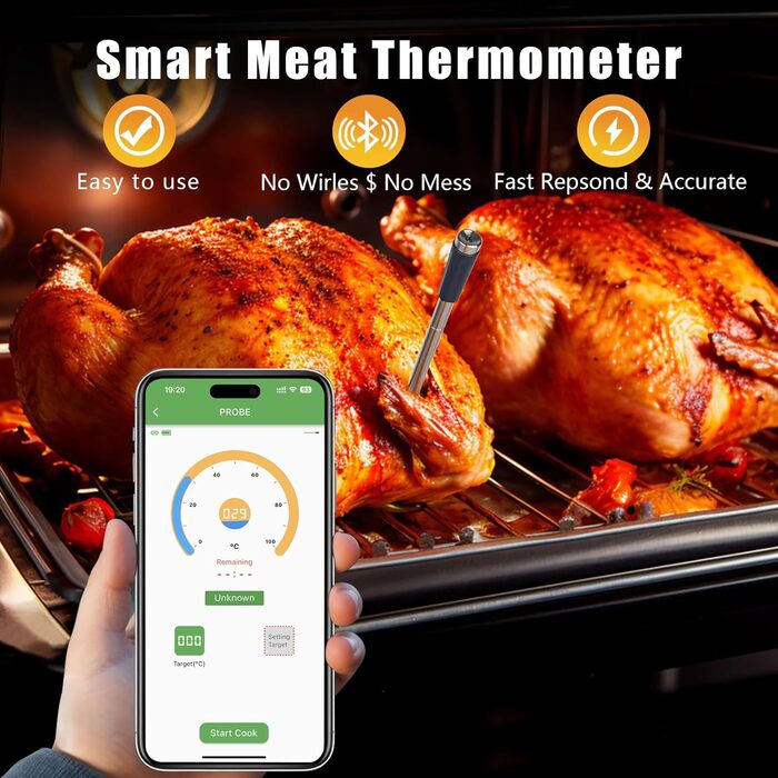 Бездротовий розумний термометр для м'яса Withosent 50 м Bluetooth Термометр для барбекю Термометр для смаження Термометр для м'яса для духовки / духовки / гриля / кухні / шашлику / барбекю коптильні Різдвяні подарунки