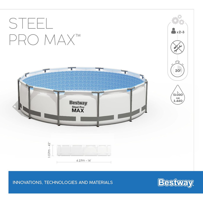 Каркасний басейн Bestway Steel Pro MAX Повний комплект з фільтруючим насосом Ø 427 x 107 см, світло-сірий, круглий