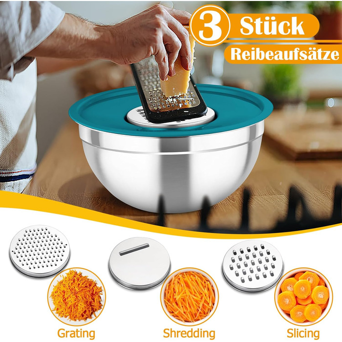 Набір салатниць TEAMFAR 6 шт. з нержавіючої сталі з кришками та силіконовим дном, багатофункціональний, для миття в посудомийній машині, 0,7Л / 1,5Л / 1,6Л / 2,5Л / 2,8Л / 4,6Л (Кольоровий, з 3 тертками)