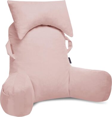 Портативне подушкове крісло для читання з підголовником (Oeko-Tex), м'яке крісло з підлокітниками та кишенями для дорослих, зручне ліжко-подушка з memory foam для гуртожитку (Рожевий, Преміум Великий)