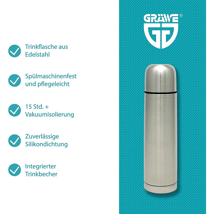 Термос GRWE з нержавіючої сталі, 1-літрова пляшка для пиття, термос з вакуумною ізоляцією з кухлем і поворотною кришкою, розетка