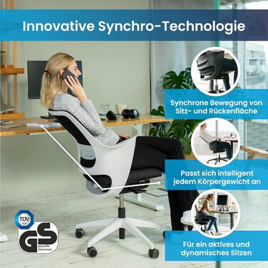 Ергономічне крісло Ergotopia WellBack, Made in Germany, з підтримкою попереку та синхромеханікою для офісу та дому. Рама: білий, оббивка: сірий (Рама: білий - оббивка: блакитний)