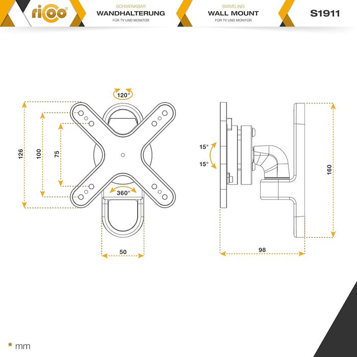 Кріплення для монітора RICOO TÜV сертифіковане, поворотне та нахильне, універсальне, 13-32 дюйми, VESA 75x75, 100x100 мм, до 15 кг, срібний колір