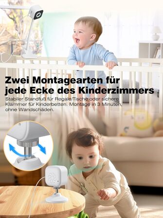 Відеоняня з камерою 1080P без Wi-Fi: монітор, тримач, кліпса для ліжечка, двосторонній звук, датчик температури, виявлення плачу, нічне бачення, 8 колискових, запис фото/відео, SD-карта в комплекті (біла)