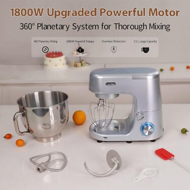 Потужна кухонна машина 1800W з великою чашею 7.2 л з нержавіючої сталі, міксер, насадки для тіста, збивання та насадка-віночок, сріблястий