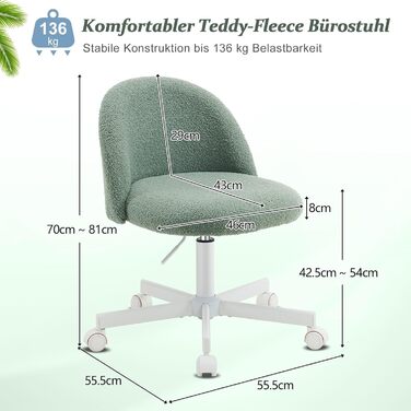 Офісне крісло Bonnlo з роликами, регульована висота, для робочого кабінету, спальні, home office, обшите тедді, білий (зелений)