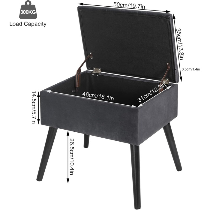 Лавка оксамитовий табурет з місцем для зберігання, м'яка лавка 50x35x45см, темно-сірий