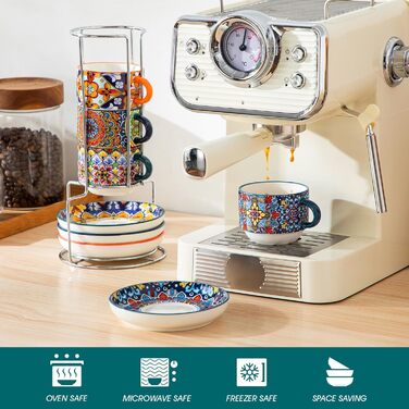 Набір чашок для еспресо Vancasso 4 шт., 150 мл, SIMI, з підставками та стійкою, керамічні, для капучино, еспресо, лате