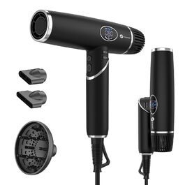Фен для волосся Slopehill 2000W з іонізацією, безщітковим двигуном 110 000 об/хв, LCD-дисплеєм та 3 дифузорами, складаний, чорний