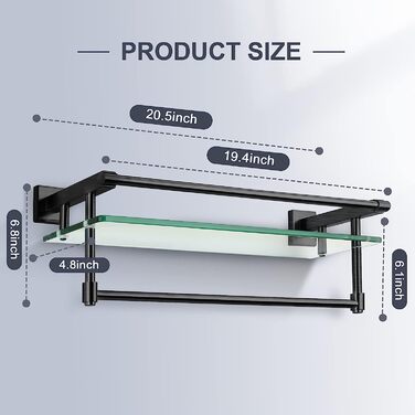 Скляна перегородка для ванної кімнати SFGSOWOR, вішалка для рушників з нержавіючої сталі SUS304, настінне кріплення, загартоване скло, нержавіюча сталь, надміцна полиця для зберігання, матова обробка (матовий чорний)