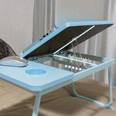 Стіл для ноутбука на ліжко з регульованими ніжками та тримачем для чашки, підставка для читання, стіл для сніданку на диван, ліжко, терасу, балкон (Білий, Синій)