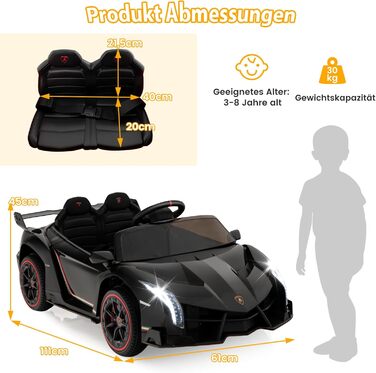Дитячий електромобіль Lamborghini COSTWAY з пультом, LED фарами, музикою, для дітей від 3 років, чорний