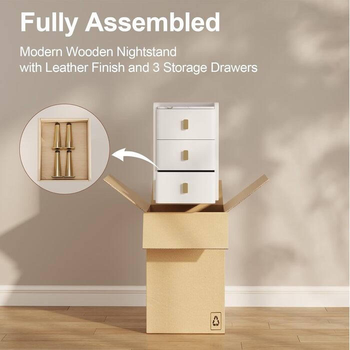 Нічний столик AQIMUELE, білий, з 3 шухлядами, 30 см, без встановлення, з екошкірою