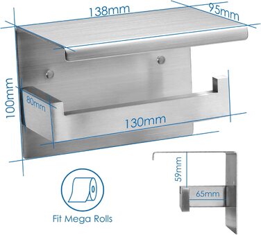 Тримач для туалетних рулонів Auxmir, полиця, без свердління, нержавіюча сталь, самоклеючий, настінний, нержавіючий, сріблястий