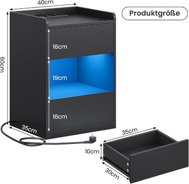 Нічний столик AOGLLATI з LED-підсвічуванням та зарядкою, з шухлядами та полицею, білий (40x35x60 см)